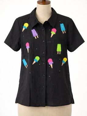 Quacker Factory Black Linen Blend Button-Down Ice Cream Shirt - Size Medium EUC